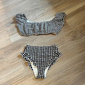 Solid & Striped off the shoulder gingham ruffle seersucker swimsuit